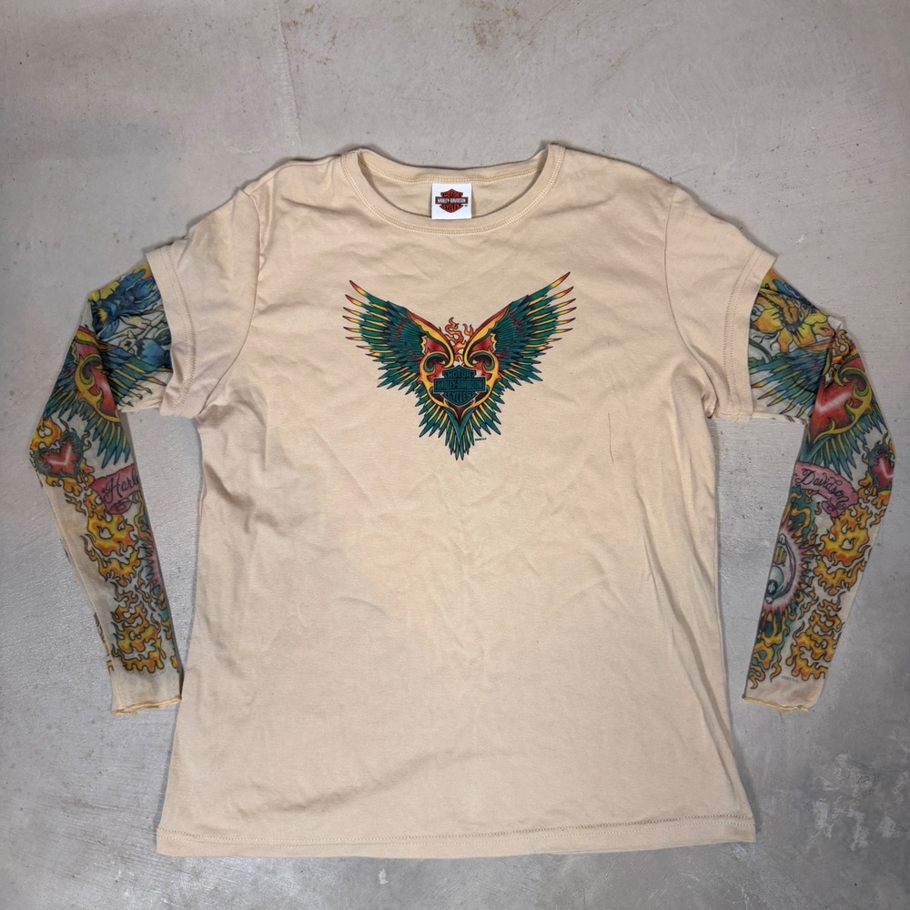 Harley Davidson Tattoo Sleeve Top Tan Winged Heart Y2K 06 Womens 2X USA Ed Hardy